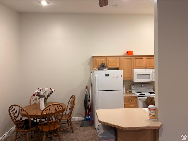 1559 N Riverside Ave Unit 9, Provo, UT 84604 - kitchen with white appliances, dark colored carpet, light countertops, baseboards, and recessed lighting