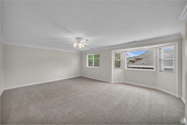 1659 S Cobblestone Ln, St George, UT 84790 - empty room featuring ceiling fan, ornamental molding, a textured ceiling, baseboards, and light carpet