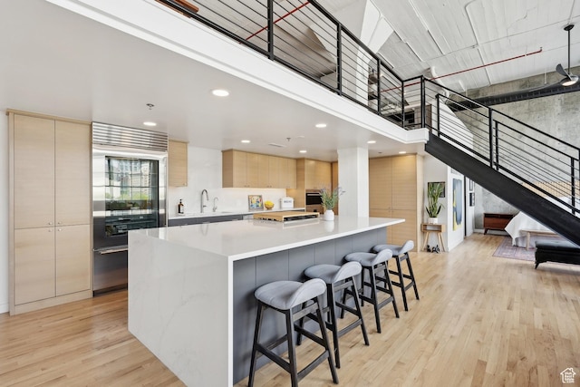 kitchen with modern cabinets, appliances with stainless steel finishes, a sink, light wood-style floors, and light countertops