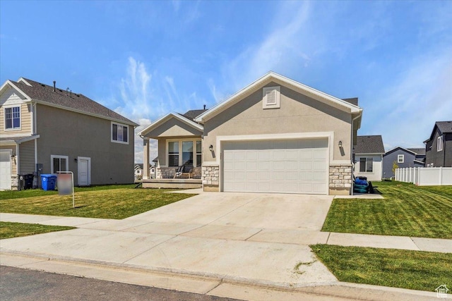ranch-style house with stone siding, an attached garage, driveway, and stucco siding