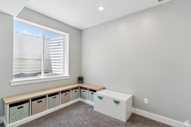 mudroom featuring carpet flooring, plenty of natural light, baseboards, and recessed lighting