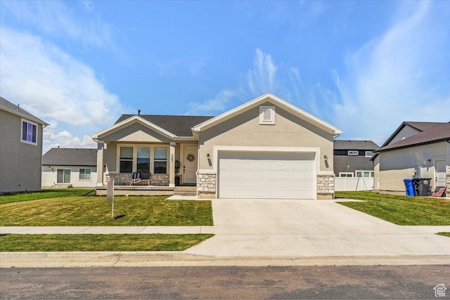 view of front of home with stone siding, a front lawn, and a garage