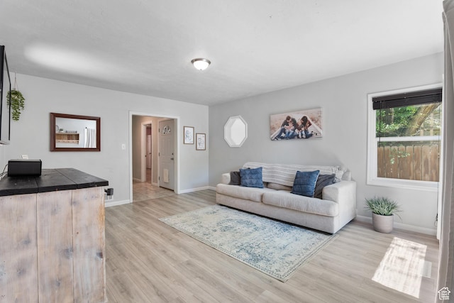 living area featuring light wood finished floors and baseboards