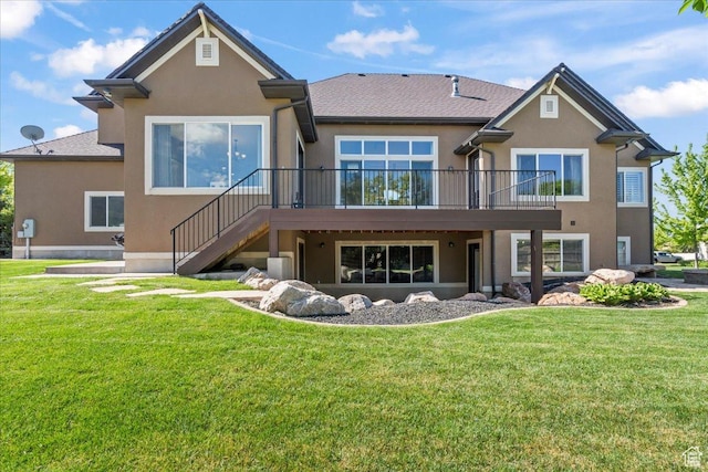 916 Country Ln, Farmington, UT 84025 - rear view of property with stucco siding, a lawn, stairway, and a deck