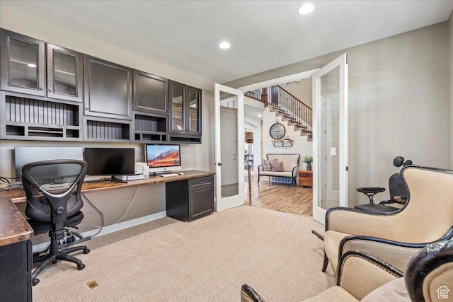 916 Country Ln, Farmington, UT 84025 - office space with recessed lighting, built in study area, light carpet, and french doors