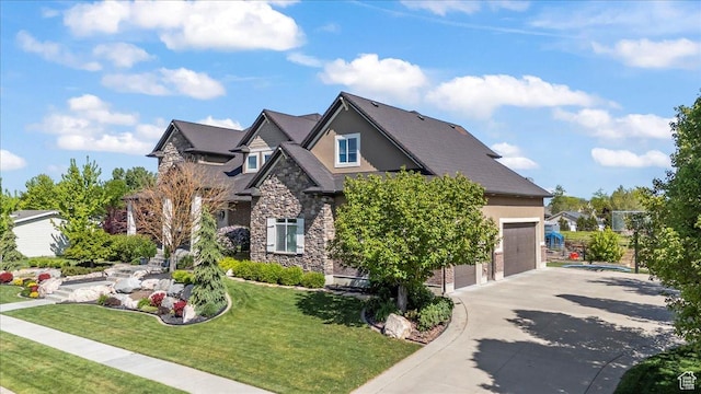 916 Country Ln, Farmington, UT 84025 - craftsman inspired home with stone siding, driveway, a garage, stucco siding, and a front lawn