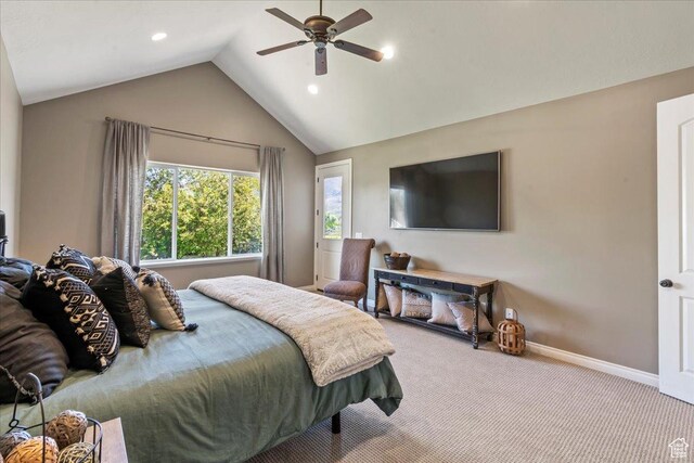 916 Country Ln, Farmington, UT 84025 - bedroom featuring carpet floors, vaulted ceiling, baseboards, recessed lighting, and a ceiling fan