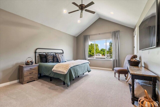916 Country Ln, Farmington, UT 84025 - bedroom with vaulted ceiling, light colored carpet, baseboards, ceiling fan, and recessed lighting