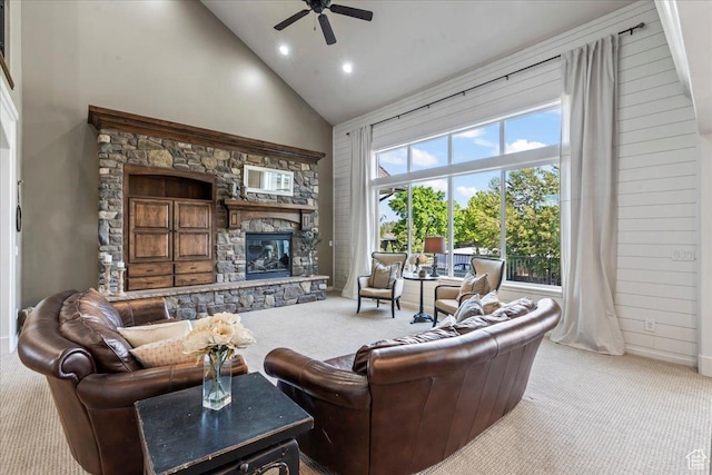 916 Country Ln, Farmington, UT 84025 - living room with carpet floors, a ceiling fan, high vaulted ceiling, baseboards, and a fireplace
