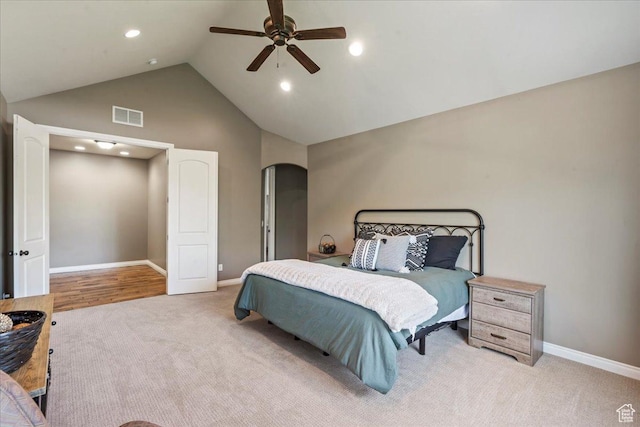 916 Country Ln, Farmington, UT 84025 - bedroom featuring carpet floors, baseboards, recessed lighting, ceiling fan, and high vaulted ceiling