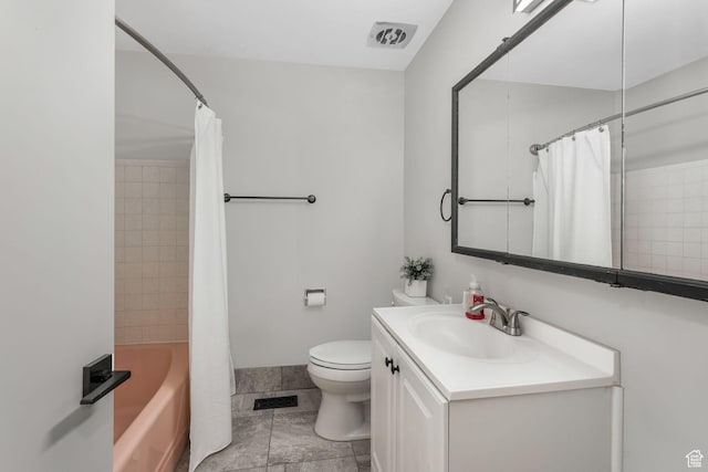 bathroom with toilet, vanity, and shower / tub combo with curtain