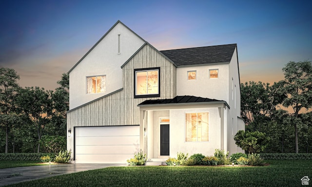 modern farmhouse style home featuring a standing seam roof, driveway, an attached garage, a front yard, and metal roof
