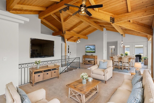 180 N 1100 E Unit 116, Washington, UT 84780 - living area with wooden ceiling, beam ceiling, a ceiling fan, carpet floors, and high vaulted ceiling