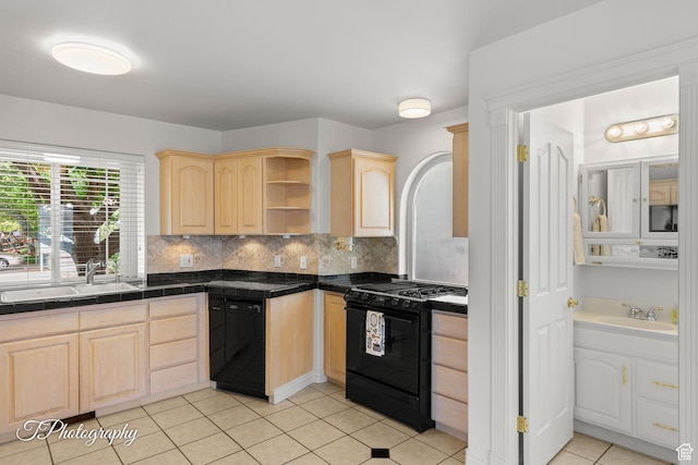 180 N 1100 E Unit 116, Washington, UT 84780 - kitchen featuring light brown cabinets, black appliances, tasteful backsplash, a sink, and open shelves