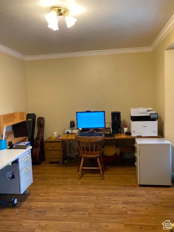 office space featuring ornamental molding and wood finished floors