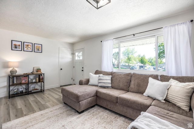 living room with wood finished floors, a textured ceiling, and baseboards
