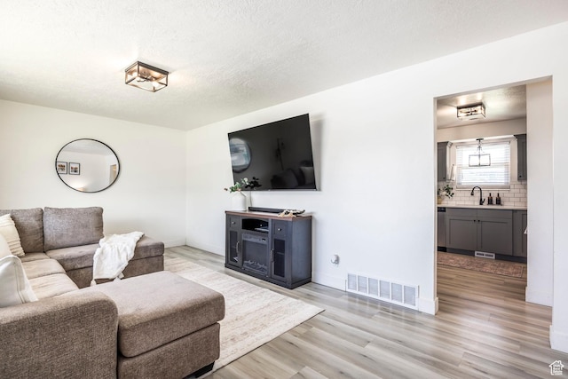 living room featuring light wood finished floors, baseboards, and a textured ceiling