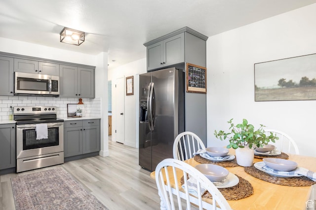 kitchen with appliances with stainless steel finishes, gray cabinetry, backsplash, light countertops, and light wood finished floors