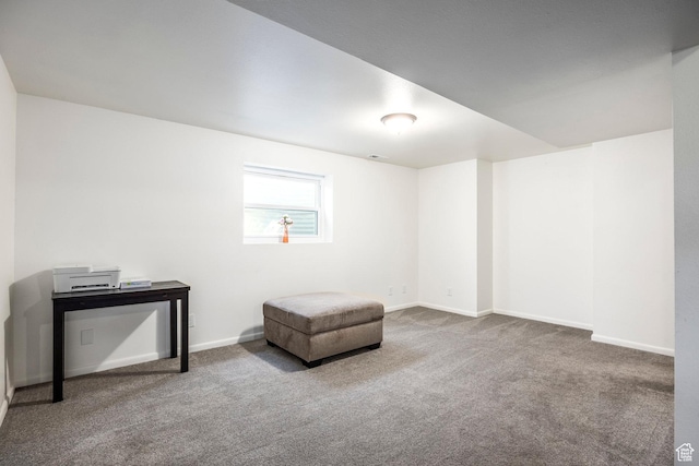 living area featuring carpet floors and baseboards