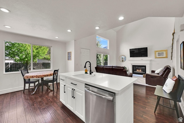 kitchen featuring dishwasher, a sink, a glass covered fireplace, light countertops, and plenty of natural light