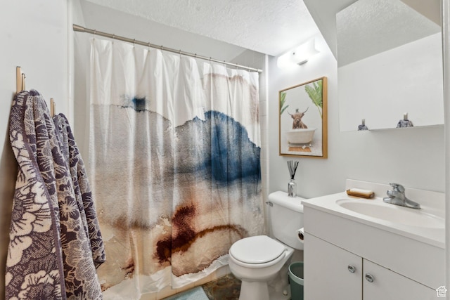 1298 E 5875 S, Ogden, UT 84405 - bathroom with a textured ceiling, vanity, toilet, and a shower with curtain