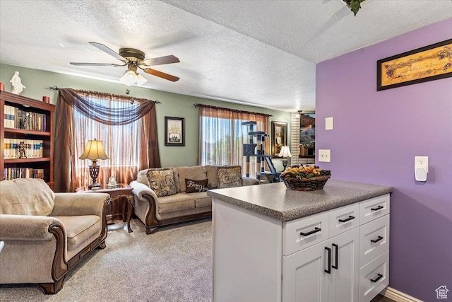 living area with a ceiling fan, a textured ceiling, and light colored carpet