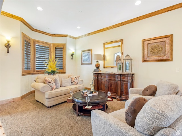 carpeted living room featuring ornamental molding, baseboards, and recessed lighting