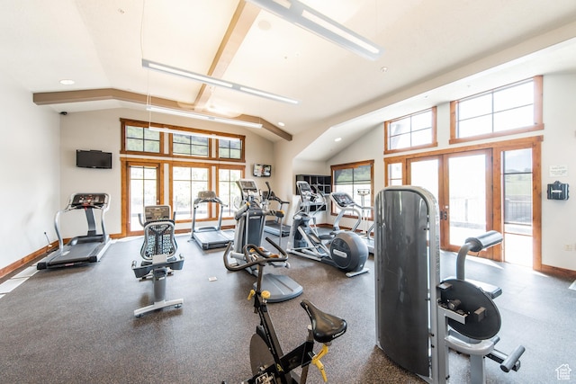 exercise room with vaulted ceiling, recessed lighting, and baseboards