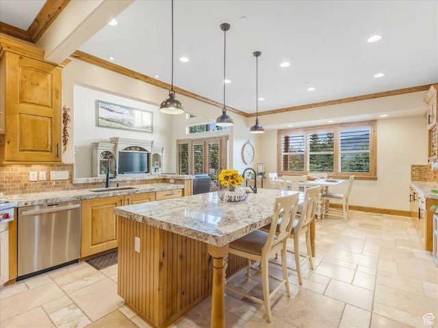 kitchen featuring stainless steel dishwasher, crown molding, a sink, decorative backsplash, and a kitchen island