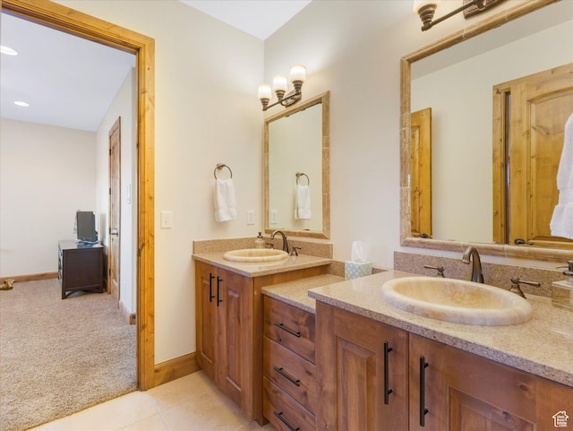 full bathroom with vanity, tile patterned floors, baseboards, and recessed lighting