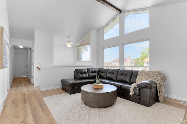1188 E 300 N, Layton, UT 84040 - living area featuring light wood-style floors, baseboards, a ceiling fan, and high vaulted ceiling