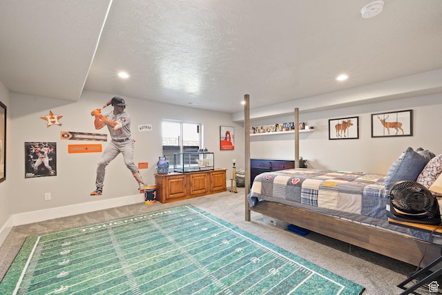 bedroom with light carpet, baseboards, a textured ceiling, and recessed lighting