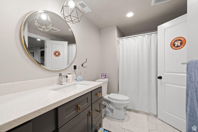 full bathroom featuring vanity, toilet, tile patterned flooring, and recessed lighting