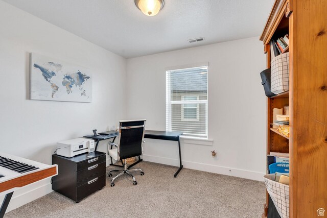office area with light carpet and baseboards