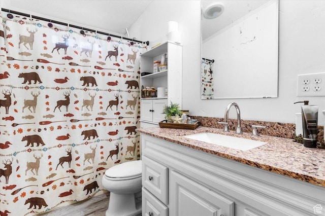 full bath featuring toilet, vanity, wood finished floors, and a shower with shower curtain