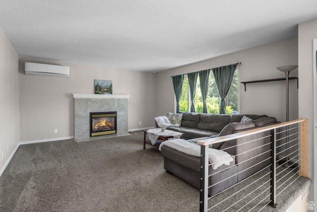 living area with a wall mounted AC, a premium fireplace, carpet, and baseboards