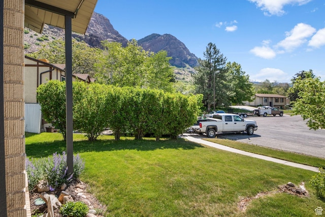 view of green lawn featuring a mountain view