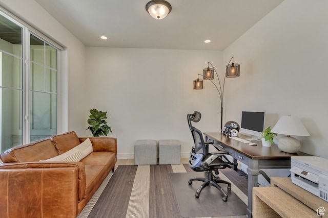 office with wood finished floors, recessed lighting, and baseboards