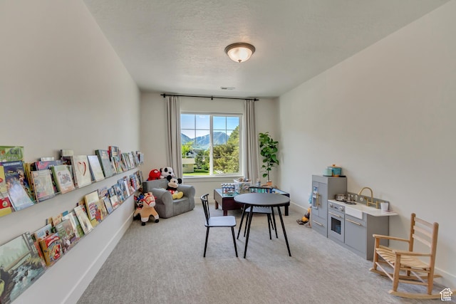 game room featuring light colored carpet, a textured ceiling, and baseboards