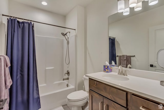 full bath featuring vanity, toilet, shower / tub combo, and tile patterned floors