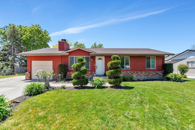 single story home featuring a garage, a chimney, concrete driveway, a front lawn, and brick siding