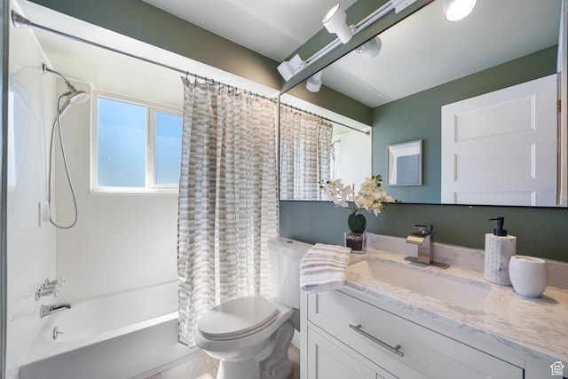 full bath featuring toilet, shower / bathtub combination with curtain, and vanity