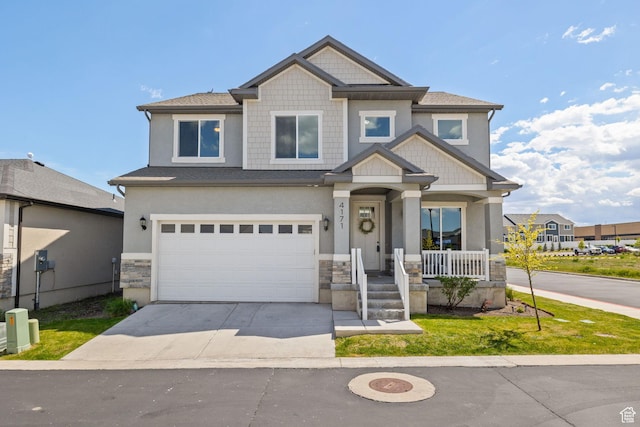 craftsman-style house featuring a porch, concrete driveway, a garage, stone siding, and stucco siding