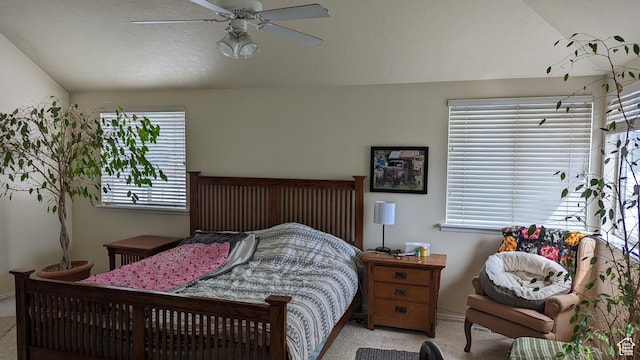 1341 E Creek Rd, Cottonwood Heights, UT 84093 - bedroom featuring light carpet, vaulted ceiling, multiple windows, a ceiling fan, and baseboards