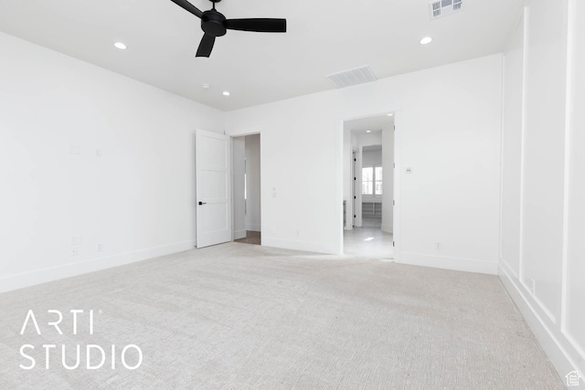 unfurnished bedroom featuring carpet flooring, recessed lighting, baseboards, and a ceiling fan