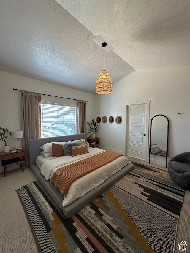 4901 N Eagle Nest Ln, Lehi, UT 84043 - carpeted bedroom with lofted ceiling and a textured ceiling