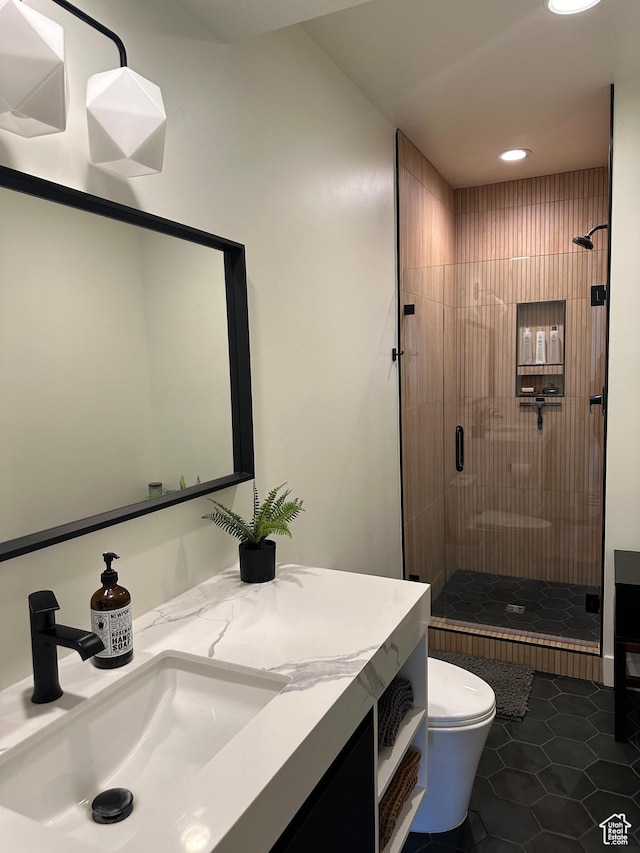 4901 N Eagle Nest Ln, Lehi, UT 84043 - bathroom featuring a stall shower, toilet, recessed lighting, vanity, and tile patterned floors