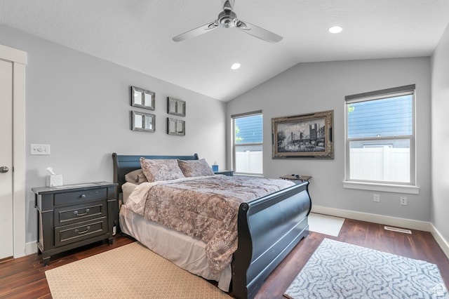 bedroom with dark wood-style floors, lofted ceiling, baseboards, recessed lighting, and ceiling fan