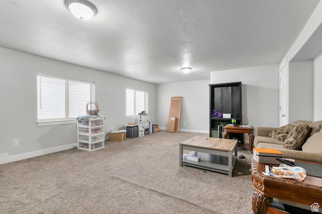 living area featuring a textured ceiling, carpet, and baseboards