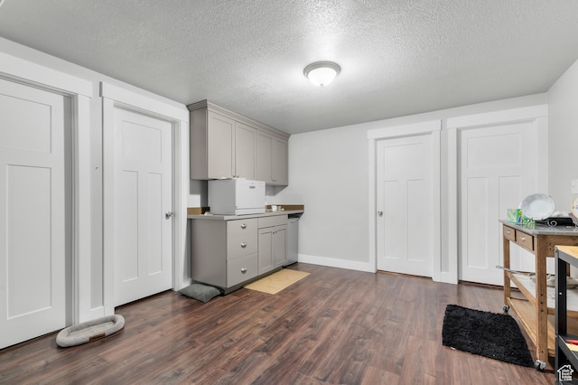 kitchen featuring gray cabinets, dark wood-style floors, a textured ceiling, baseboards, and light countertops